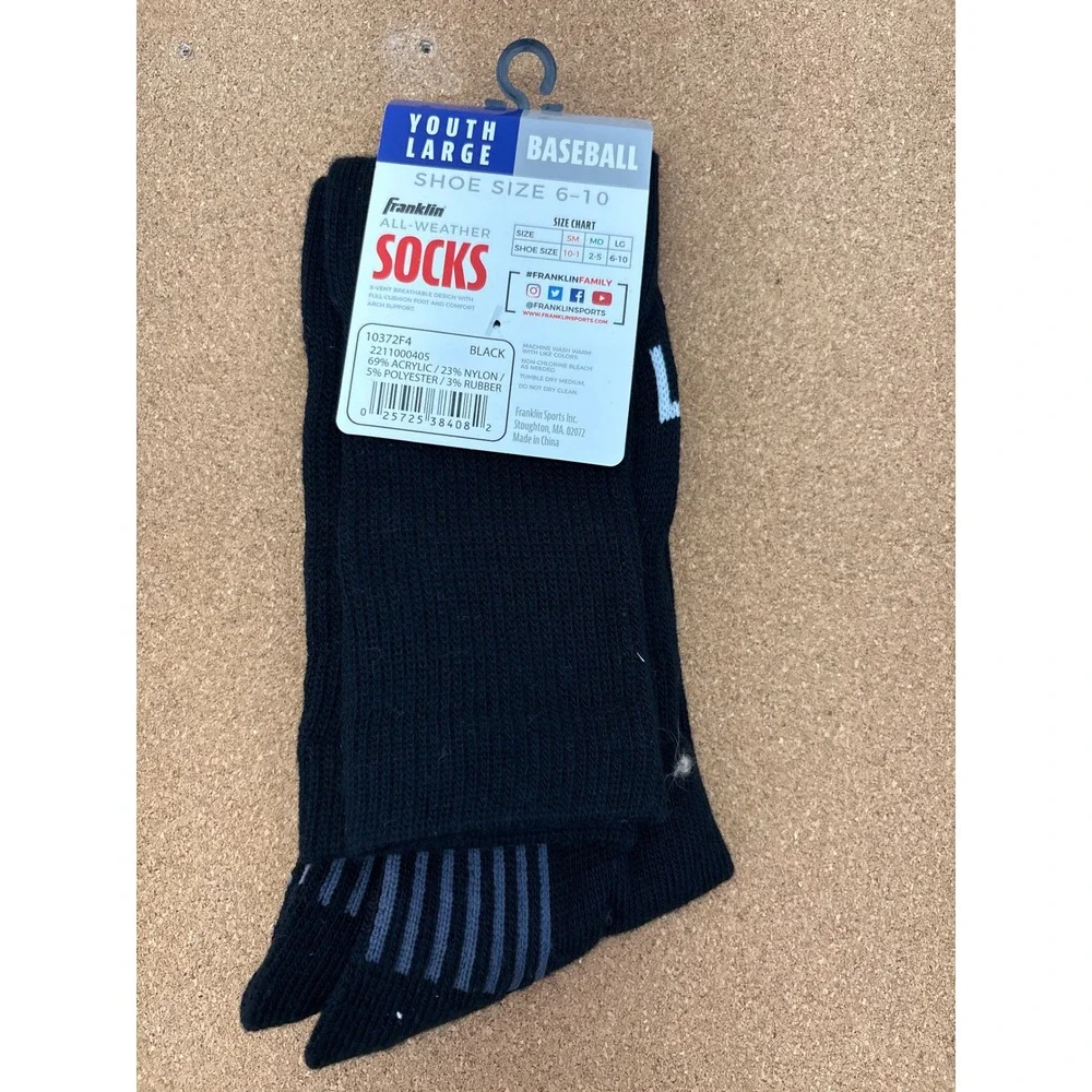 Franklin Baseball Socks Youth Large All Weather‎ Black Shoe Size 6-10